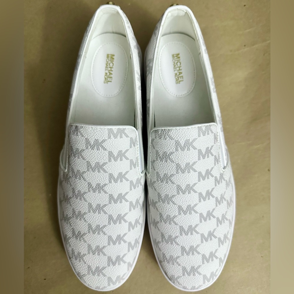 NEW - Michael Kors Logo MK Keaton White Slip-On Sneakers